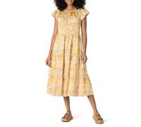 Amazon Essentials Vestido Midi, a Capas y Holgado de Satén de Algodón con Cuello Redondo Mujer, Amarillo Dorado Beige Multi Folk Floral, XS