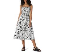 Amazon Essentials Vestido Midi con Corpiño Nido de Abeja de Satén de Algodón de Corte Recto Mujer, Negro Marfil Folk Floral, XXS