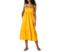 Amazon Essentials Vestido Midi Entallado y con Vuelo con Volantes y Cintura Imperio de Satén de Algodón Mujer, Amarillo Dorado, XS