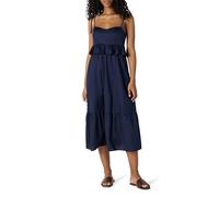 Amazon Essentials Vestido Midi Entallado y con Vuelo con Volantes y Cintura Imperio de Satén de Algodón Mujer, Azul Marino, XL