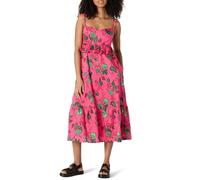 Amazon Essentials Vestido Midi Entallado y con Vuelo con Volantes y Cintura Imperio de Satén de Algodón Mujer, Rosa Intenso Rojo Leafy Floral, M