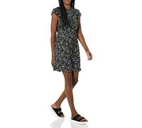 Amazon Essentials Vestido Recto en Georgette Ligero de Corte Holgado, Escote con Abertura y Mangas con Volante Mujer, Negro Flores Pequeñas, XS
