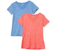 Amazon Essentials Women's Tech - Camiseta elástica de manga corta con cuello en V (disponible en tallas extragrandes), paquete de 2, teñido espacial naranja coral/azul claro, talla XS