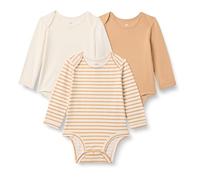 Amazon Essentials x Sofia Grainge Body de Manga Larga con Cuello Redondo Unisex Bebés, Pack de 3, Camel Claro/Marfil/Rayas, 6-9 meses