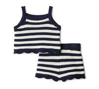 Amazon Essentials x Sofia Grainge Mamá y Yo Conjuntos de Jerséis y Camisetas sin Mangas de Ganchillo de Algodón Niñas, Marfil Azul Marino Rayas de Polo, 10 años