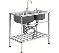 AMAZWI Fregaderos Cocina Doble Tazón Fregadero Acero Inoxidable con Grifo Y Estante Almacenamiento Fregadero Independiente Montado Piso for Lavadero Patio Trasero Garaje(77x42x75CM)