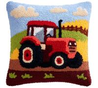 AMBATTERY Kit de gancho de pestillo, Tractor de dibujos animados funda de cojín para hacer alfombras, kits de manualidades para principiantes, funda de almohada de hilo de ganchillo