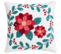 AMBATTERY Kit De Punto De Cruz De Cojín, Flores rojas Cojines de Punto de Cruz 45X45cm Kits De Almohadas De Costura Kit De Cojines Bordados con Hilos y Aguja Completos Pre-Impresa