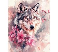 AMBATTERY Kit de punto de cruz preimpreso, Flores y lobos Conjunto de Kit de Punto de Cruz de Bordado Que Incluye Hilos de Color Dibujo de Aguja de paño de algodón