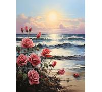 AMBATTERY Kit Punto de Cruz con Hilos y Tela Impresa, Rosa de la playa del océano,A,50 * 70cm Kit de punto de cruz estampado Kits de costura de gama completa para principiantes 11CT