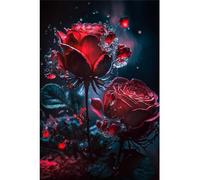 AMBATTERY Kit Punto de Cruz Esquemas Principiantes Tela Impresa, Hermosa Flor Rosa Roja,I,50 * 70cm Cuadro Set Kits Bordado Punto de Cruz Kit Completo Hilo y Tela Impreso Contado Patrones 11CT