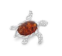 AMBEDORA Broche de Mujer Tortuga Marina de Plata con Ámbar, Plata de Ley Pulida, Ámbar Báltico Ovalado, Broche con Función de Colgante