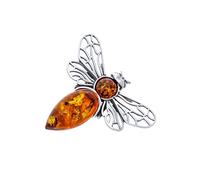 AMBEDORA Broche de plata para mujer, diseño de abeja mod. 3 con ámbar, plata de ley pulida, ámbar báltico natural en color coñac, Plata esterlina