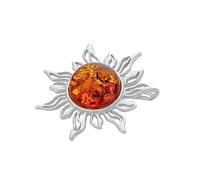 AMBEDORA Broche Sol de Plata Para Mujer con Ambar, Plata de Ley Pulida, Ambar Báltico Natural en Color Coñac