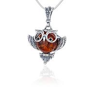 AMBEDORA Collar de Mujer Búho Sabio con Ámbar, Plata de Ley Oxidada, Ámbar Báltico en Color Coñac, Colgante de Plata con Cadena