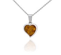 AMBEDORA Collar de Mujer con Ámbar, Plata de Ley Pulida, Ámbar Báltico en Color Coñac, Colgante de Plata Corazón de Ámbar Talla S con Cadena