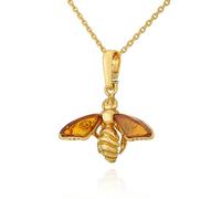 AMBEDORA Collar de mujer de abeja Mod.11 con ámbar, plata de ley chapada en oro, ámbar báltico en color coñac, colgante chapado en oro con cadena