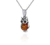 AMBEDORA Collar de mujer de plata 925 oxidada, cabujón redondo de ámbar báltico coñac, colgante de búho pequeño XVI con cadena de anclaje, set de regalo