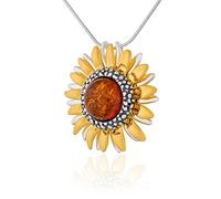 AMBEDORA Collar Girasoles Mujer, Plata de ley chapada en oro, Oxidada, Ámbar Báltico Coñac, Chapado en oro Colgante con cadena