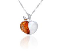 AMBEDORA Collar pequeño de manzana para mujer con ámbar, plata de ley pulida, ámbar báltico en color coñac, colgante de plata con cadena, Plata esterlina, Ámbar