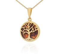 AMBEDORA Collar pequeño para mujer, árbol de la vida, mod. 08 con ámbar, plata de ley chapada en oro, ámbar en color coñac, colgante chapado en oro con cadena