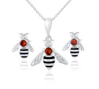 AMBEDORA Conjunto de joyas de plata para mujer, diseño de abejas, ámbar báltico multicolor, plata de ley pulida, colgante de plata de ley con cadena y pendientes