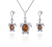AMBEDORA Conjunto de joyas de plata pequeña tortuga marina con ámbar, plata de ley oxidada, ámbar báltico en color coñac, collar y pendientes chapados en oro