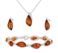 AMBEDORA Conjunto de joyas para mujer, color ámbar 846S Mod.02, plata de ley pulida, ámbar en color coñac, pulsera de plata, collar y pendientes, Plata de ley, Ámbar