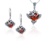 AMBEDORA Conjunto de joyas para mujer, diseño de búho sabio, plata de ley oxidada, ámbar báltico en color coñac, colgante de plata con cadena y pendientes, Plata de ley, Ámbar