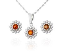 AMBEDORA Conjunto de joyas para mujer, diseño de flores, plata de ley pulida, ámbar báltico en color coñac, colgante de plata con cadena y pendientes