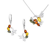 AMBEDORA Conjunto de mujer 925 plata brillante colorido ámbar báltico collar y pendientes colibrí listo regalo conjunto, Plata de ley, Ámbar