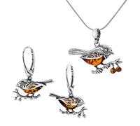 AMBEDORA Juego de Joyas para Mujer Gorriones de Ámbar, Plata de Ley Oxidada, Ámbar Báltico en Color Coñac, Colgante de Plata sobre Cadena y Pendientes