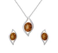 AMBEDORA Juego de Joyas para Mujer Llamas de Ámbar, Plata de Ley Pulida, Ámbar Báltico en Color Coñac, Colgante de Plata en Cadena y Pendientes