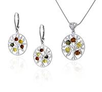 AMBEDORA Juego de Joyería de Plata para Señora Árbol de la Vida II, Colgante con Cadena y Pendientes, Ámbar Báltico Multicolor, Plata de Ley 925, Idea de Regalo