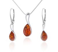 AMBEDORA Monique 2 - Conjunto de joyas para mujer, plata de ley pulida, ámbar báltico en color coñac, colgante de plata con cadena y pendientes, Plata esterlina, Ámbar