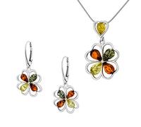 AMBEDORA Mujer Juliette Set Plata 925 Pulido Color Color Ámbar Báltico Colgante con Cadena Serpiente y Pendientes Listo Conjunto de Regalo, Plata de ley, Ámbar