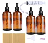 Amber Frasco Cuentagotas Cristal 4Pcs 100ml Botellas goteros con Pipeta Cuentagotas Vidrio y 5 accesorios auxiliarespara Aceite Esencial Masaje Fragancia Aromaterapia Laboratorio(Marrón)
