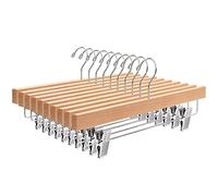 Amber Home 10 Unidades 35,5cm Perchas de Madera Natural, Robusta y Brillante Percha para Pantalones Shorts Faldas Calcetines y Ropa Interior, con Clips Antideslizantes y Ganchos Giratorios
