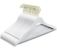 Amber Home 10 Unidades 44,5cm Perchas de Madera Blanco, Robusta y Brillante Percha para Camisetas Camisas Trajes Abrigos Vestidos Tirantes Bodas, con Varilla y Ranuras, Gold Gancho
