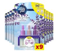 Ambi Pur 3Volution - Ambientador para ambientes, 9 recargas para difusor eléctrico, fragancia lavanda, tecnología elimina olores, hasta 90 días de perfume por recarga
