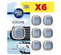 Ambipur Car Ambientador Coche, Difusor (6 x 2ml), Elimina y Previene los Malos Olores, Fragancia Brisa Marina, Mega Pack