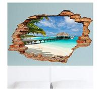 Ambiance Sticker Pegatinas Adhesivas Efecto 3D de Bora-Bora Palmera y Ponton- Decoración de Pared para habitación y salón, 60 x 90 cm