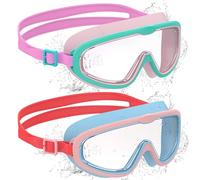 Ambienden 2 Pcs Gafas de Natación, Antivaho de Visión Clara, Protección UV, Junta de Silicona, Unisex Montura Grande Gafas Natacion Niño de 6 a 14 Años, Blue＆Pink + Blue＆Red