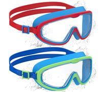Ambienden 2 Pcs Gafas de Natación, Antivaho de Visión Clara, Protección UV, Junta de Silicona, Unisex Montura Grande Gafas Natacion Niño de 6 a 14 Años, Blue-Red＆Blue
