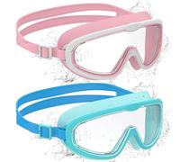 Ambienden 2 Pcs Gafas de Natación, Antivaho de Visión Clara, Protección UV, Junta de Silicona, Unisex Montura Grande Gafas Natacion Niño de 6 a 14 Años, Pink＆White + Cyan Blue
