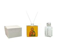 Ambientador cuadrado de cristal Sagrada Familia con detalles en oro en caja de regalo. Detalles para bodas, bautizos, comuniones, confirmaciones, graduaciones, aniversarios y regalos útiles (icono de