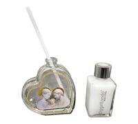 Ambientador de cristal con forma de corazón de la Sagrada Familia con detalles de oro en caja de regalo. Bomboneras de boda, bautizo, comunión, confirmación, graduación, aniversario y regalos útiles