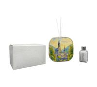 Ambientador de piel sintética Santuario Lourdes con detalles en oro en caja de regalo. Bomboneras de boda, bautizo, comunión, confirmación, graduación, aniversario y regalos útiles