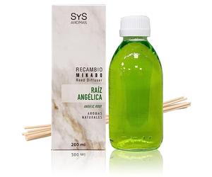 Ambientador Recambio Mikado Raíz Angélica - 200 ml - SYS Aromas | Recarga para Difusor de Varillas - Aroma Herbal y Balsámica - Larga Duración - Ideal para Hogar, Oficina, Regalo - 8 varillas