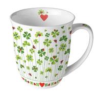 Ambiente Bone China - Taza de porcelana con diseño de trébol y mariquita, 400 ml, para té o café, color blanco con diseño de corazón, 10 cm de diámetro
